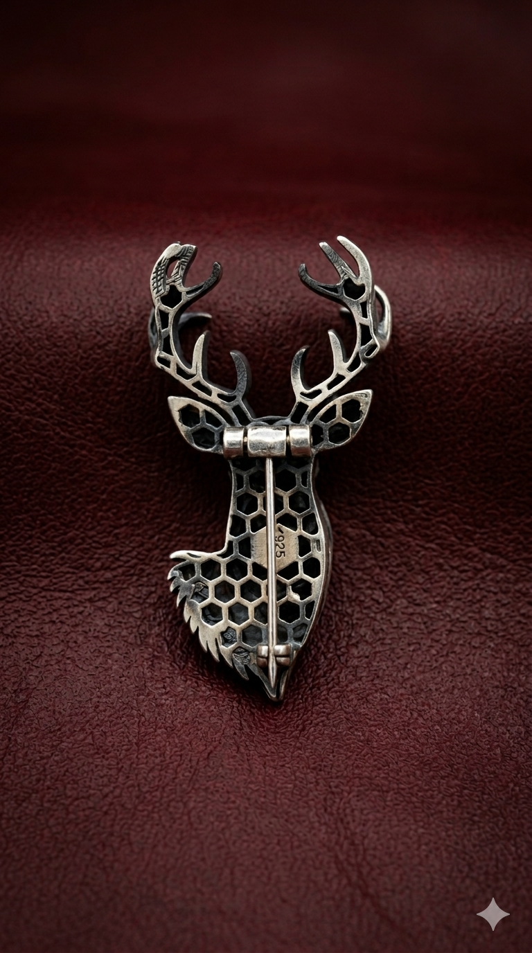 Pure Silver Obsidian Stag Brooch