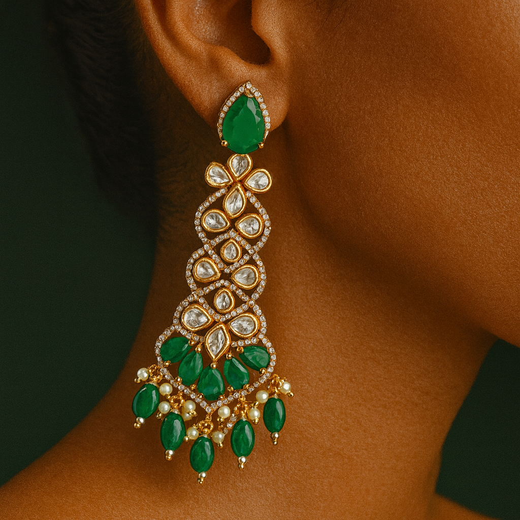 Emerald Polki Long Earrings