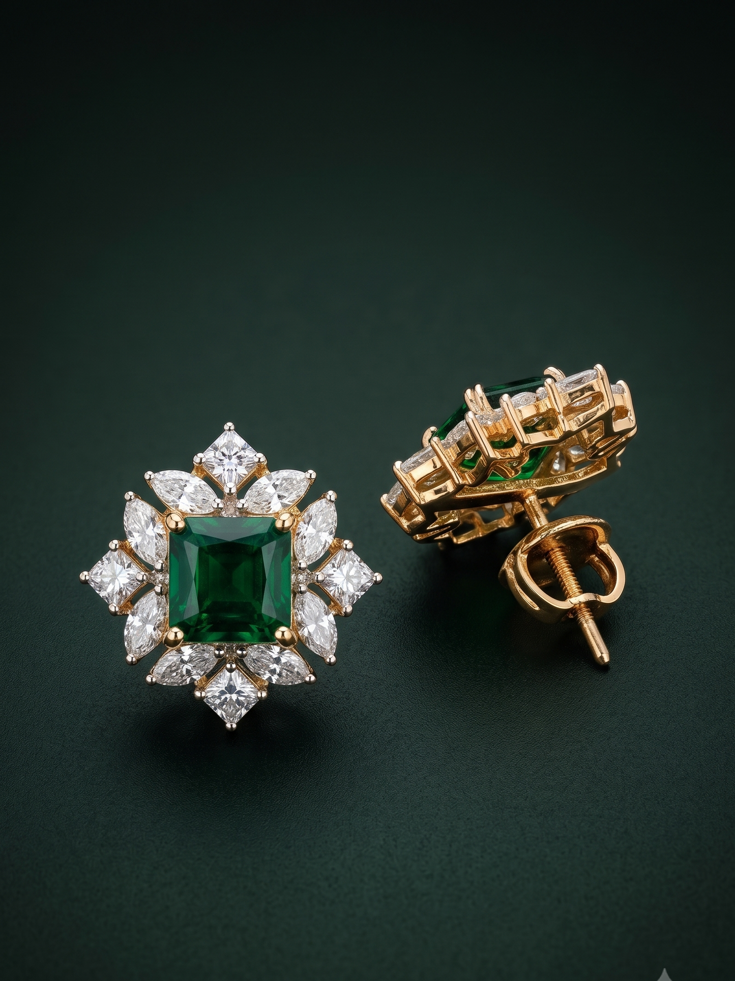 Pure Silver Emerald Floral Studs