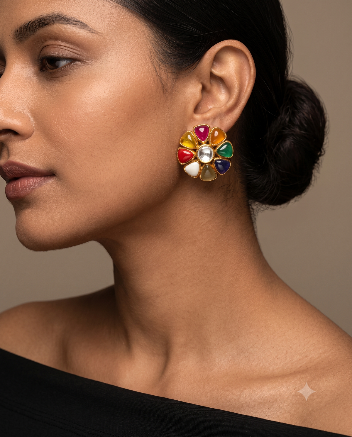 Pure Silver Navratna Polki Studs