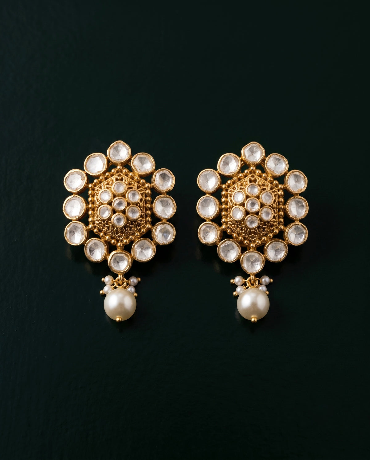 Pure Silver Golden Polki Studs