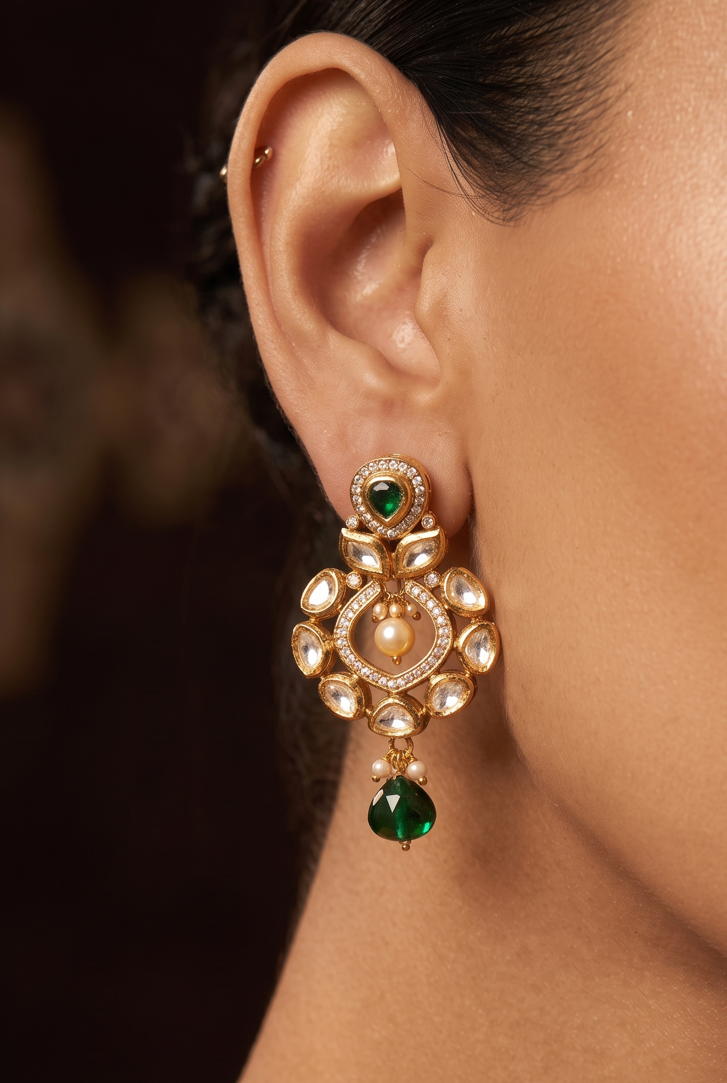 Polki Emerald Drop Studs