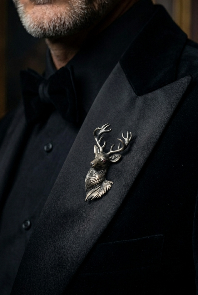 Pure Silver Obsidian Stag Brooch