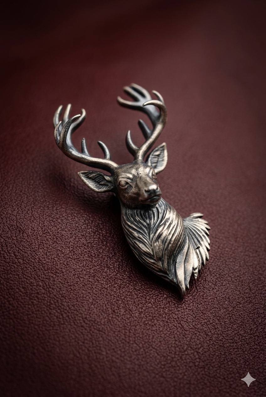 Pure Silver Obsidian Stag Brooch