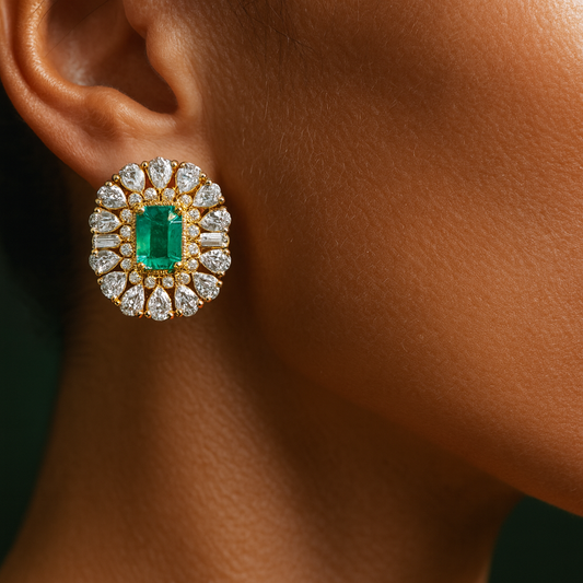Pure Silver Emerald Halo Studs