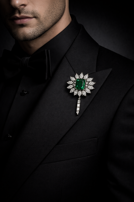 Pure Silver Emerald Regalia Brooch