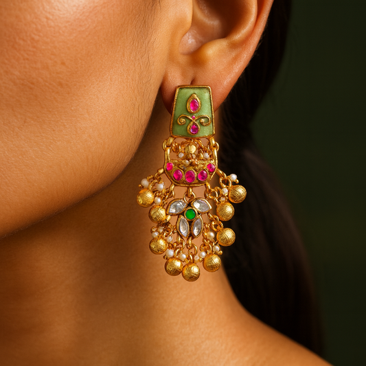 Green Meenakari Polki Earrings