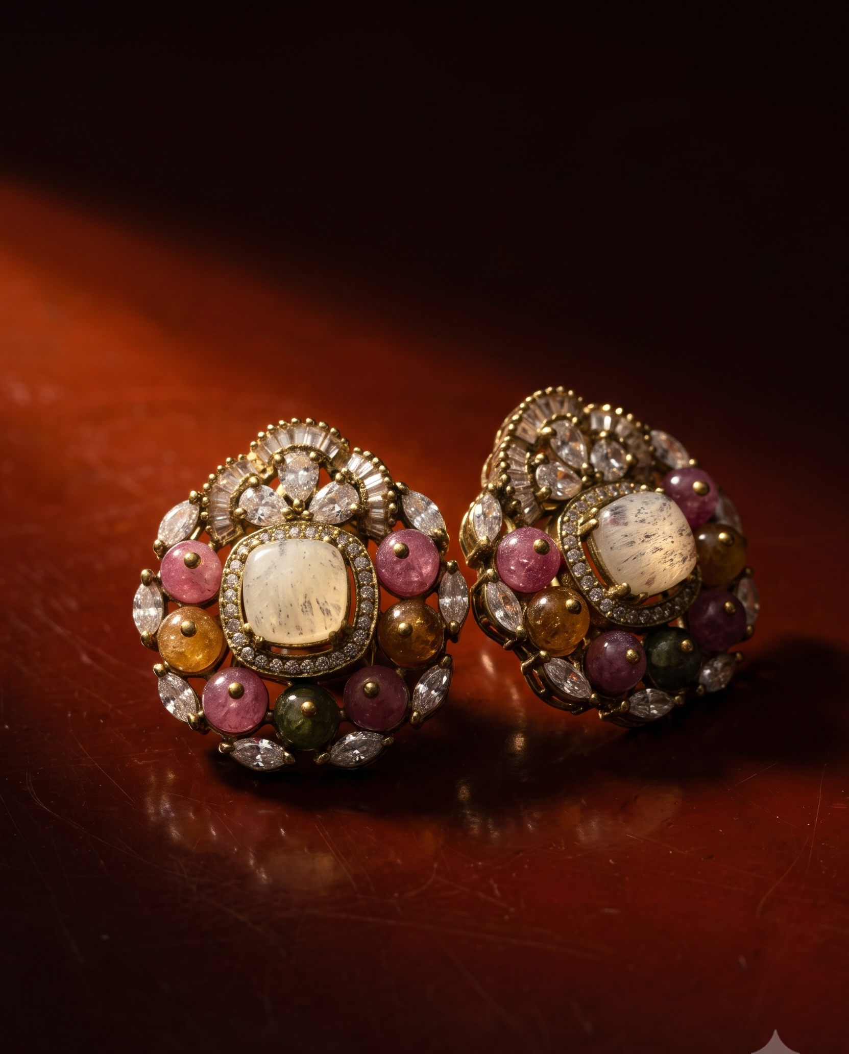 A pair of ornate vintage-style earrings with large central cream-colored stones surrounded by multicolored faceted gemstones in pink, orange, green, and purple, set in gold-toned metal and photographed on a dark reddish-brown reflective surface.
