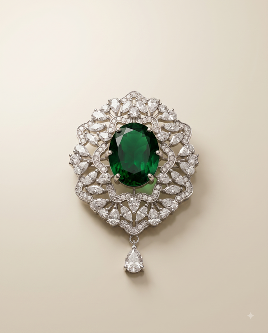 Pure Silver Emerald Insignia Brooch