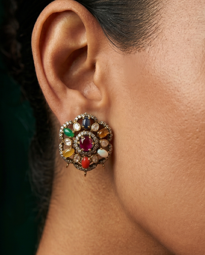 Pure Silver Moissanite Navratna Studs