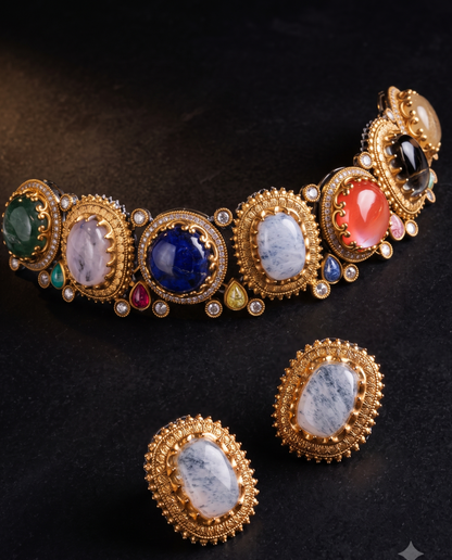A gold-tone jewelry set featuring a curved necklace and two matching earrings, each with an oval multicolored stone in a beaded gold frame, displayed on a dark textured background.
