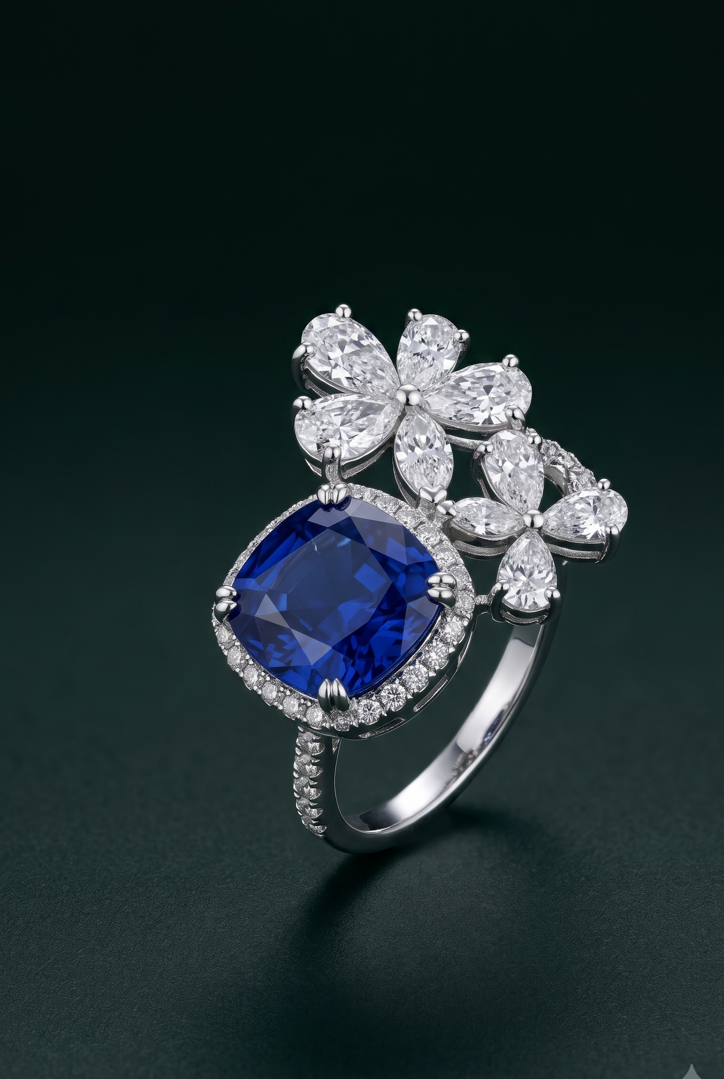 Pure Silver Sapphire Floral Ring