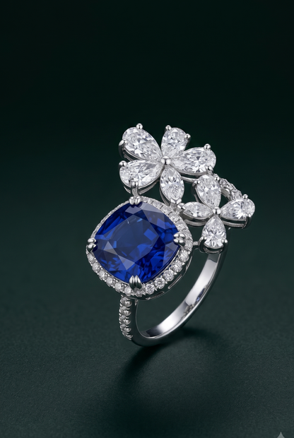 Pure Silver Sapphire Floral Ring
