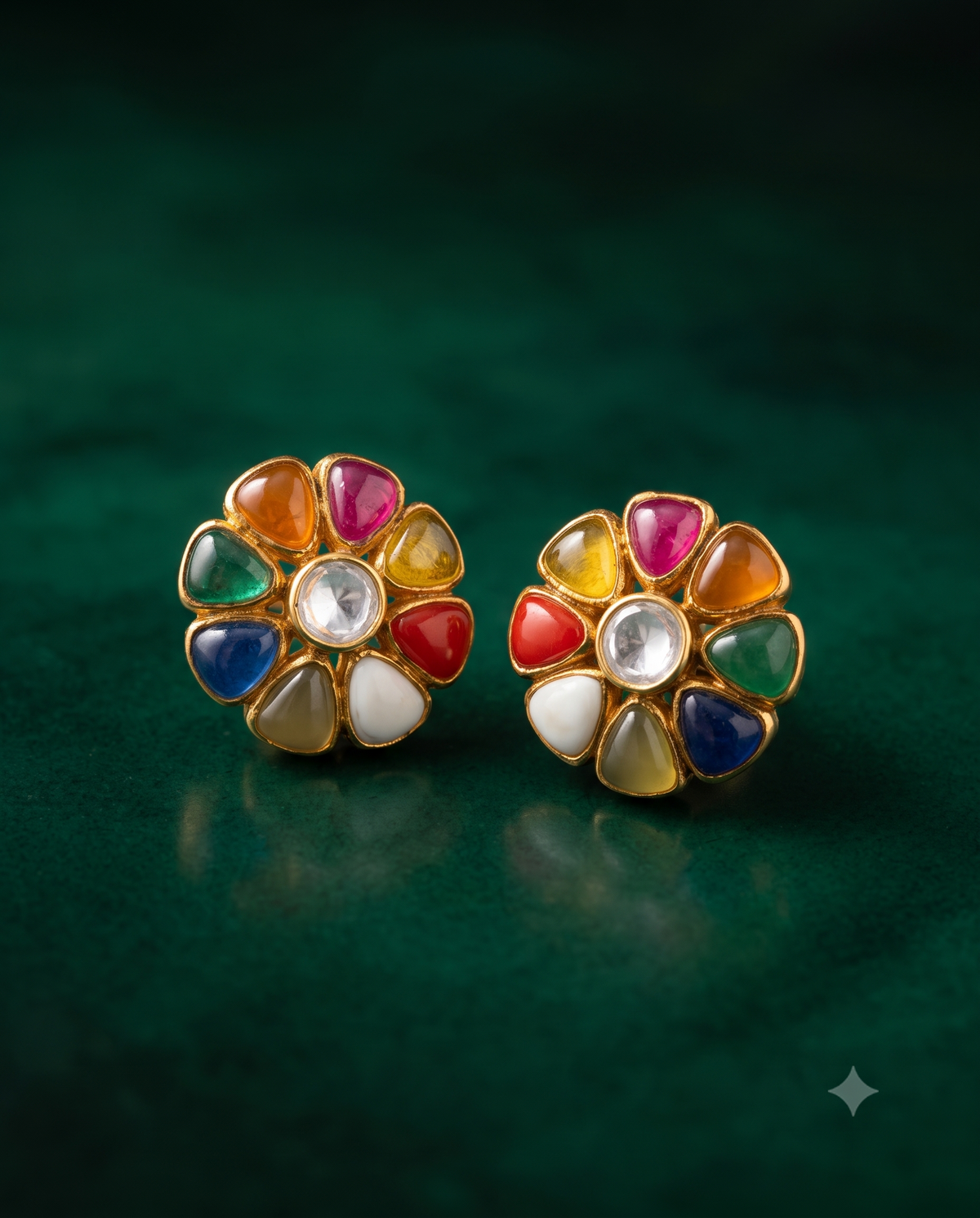 Pure Silver Navratna Polki Studs