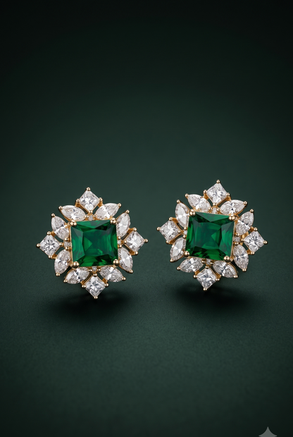 Pure Silver Emerald Floral Studs