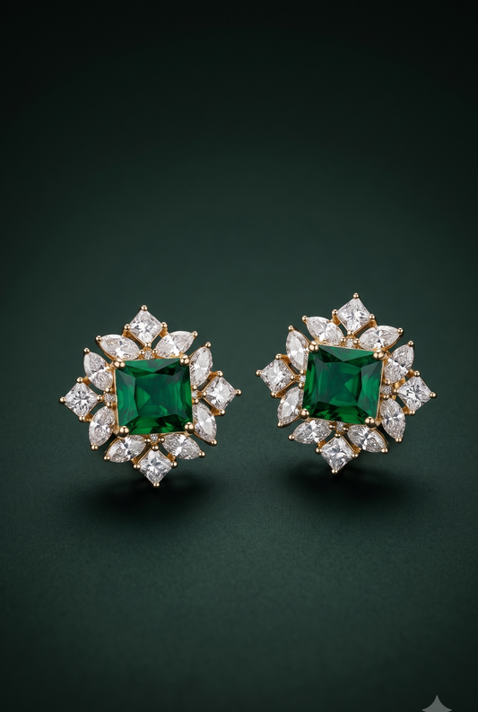 Pure Silver Emerald Floral Studs