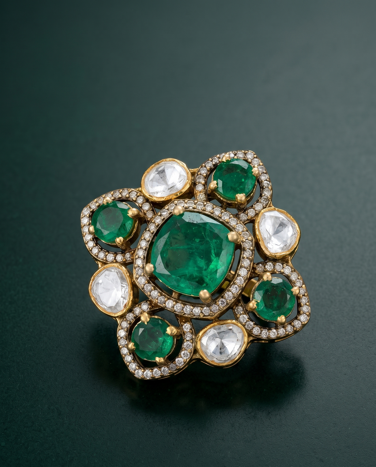 Pure Silver Emerald Polki Chain Pendant