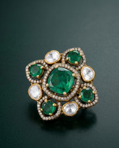 Pure Silver Emerald Polki Chain Pendant