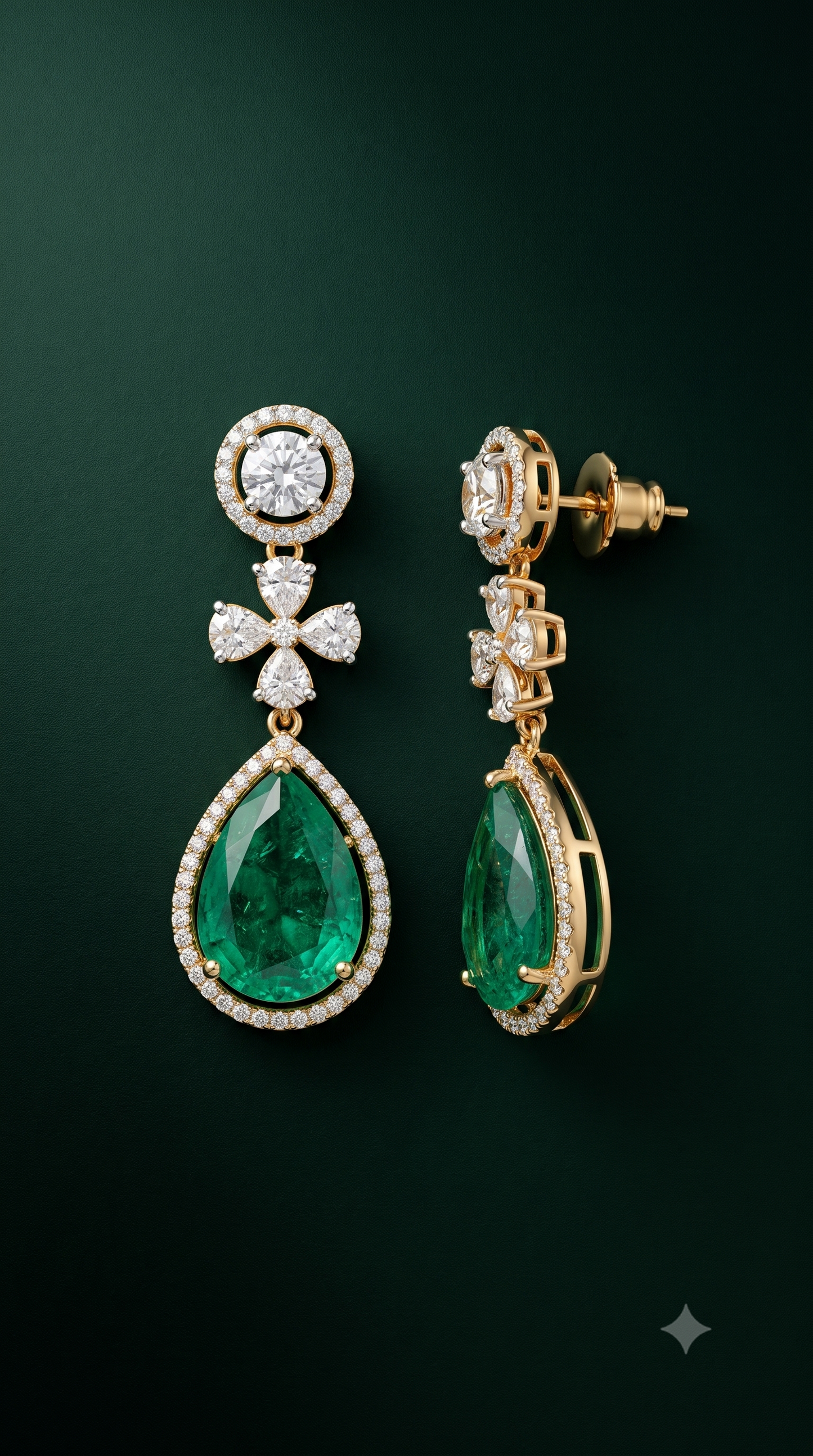 A pair of gold drop earrings featuring large emerald-cut green gemstones and pavé-set clear stones, shown on a dark green background.