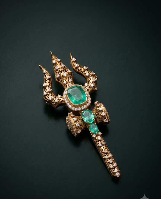 An ornate gold trident pendant or brooch featuring a large emerald-cut green gemstone at the center, smaller green gemstones, and numerous small clear stones, photographed on a dark green background.