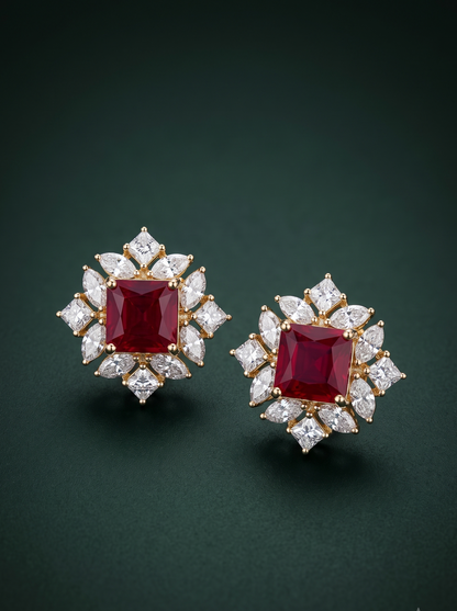 Pure Silver Ruby Floral Studs