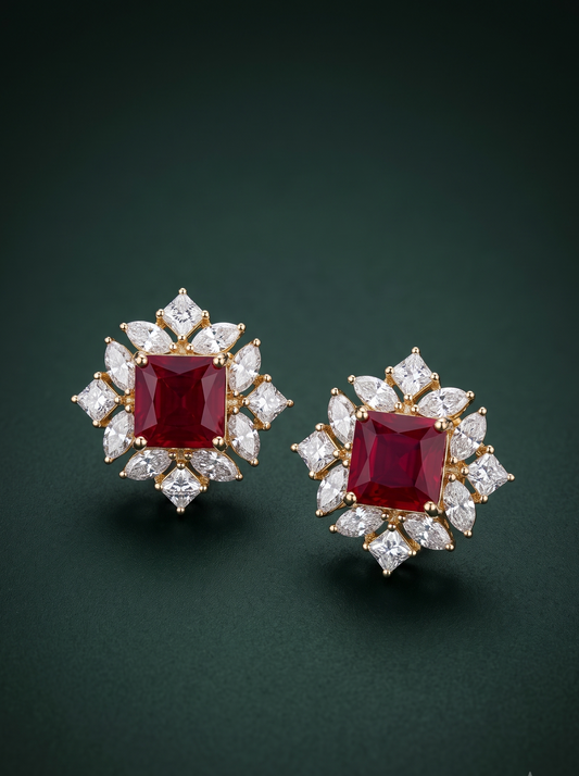 Pure Silver Ruby Floral Studs