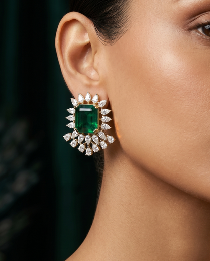 Pure Silver Emerald Crown Earrings