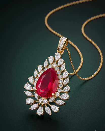 Pure Silver Ruby Drop Pendant Chain