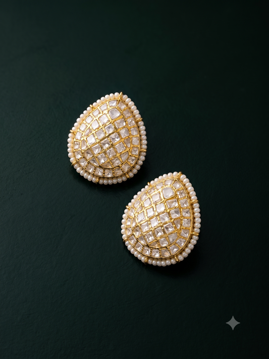 Pure Silver Polki Moti Studs