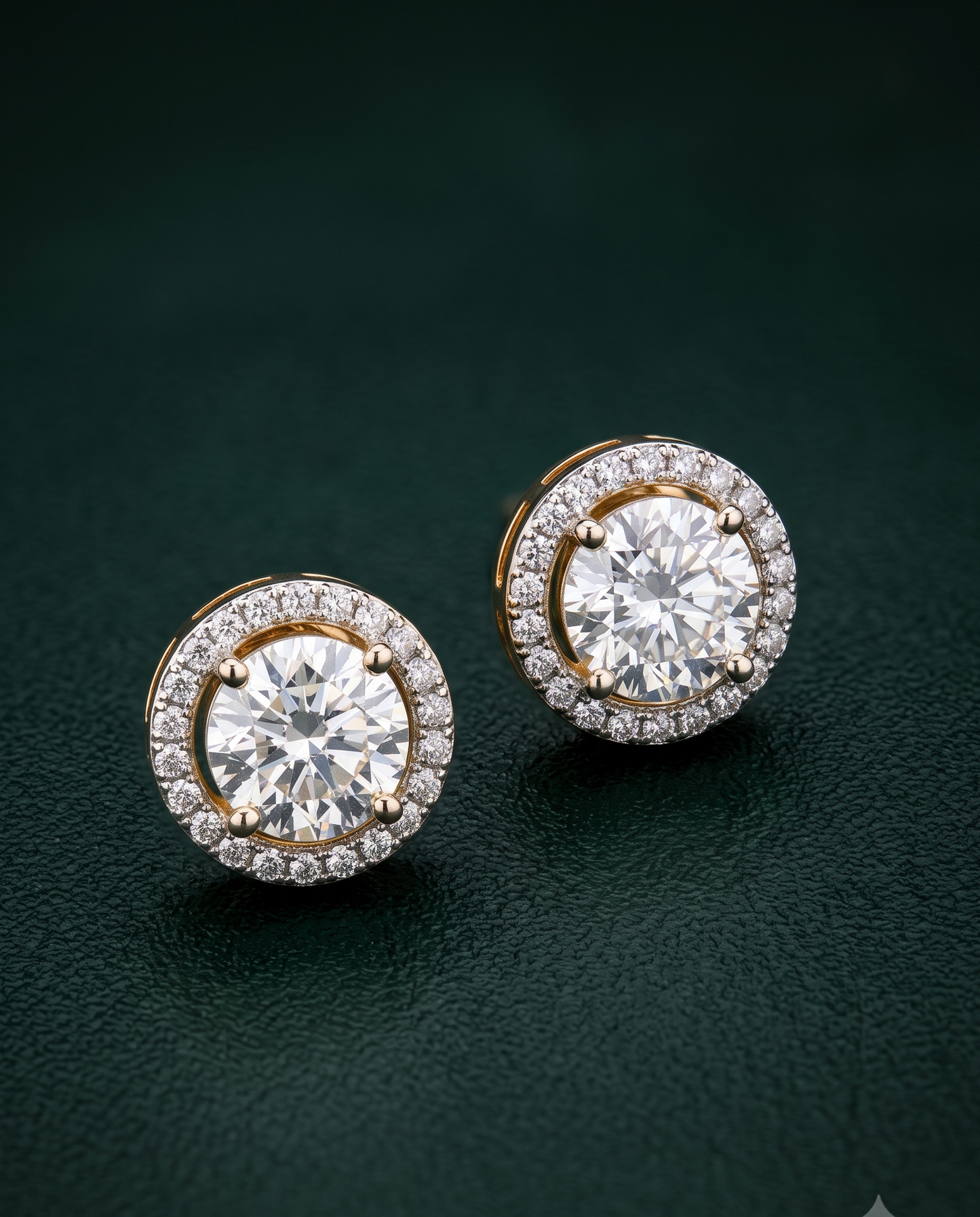 A pair of round halo stud earrings with large clear center stones and smaller surrounding stones in a yellow-gold setting, photographed on a dark green textured surface.
