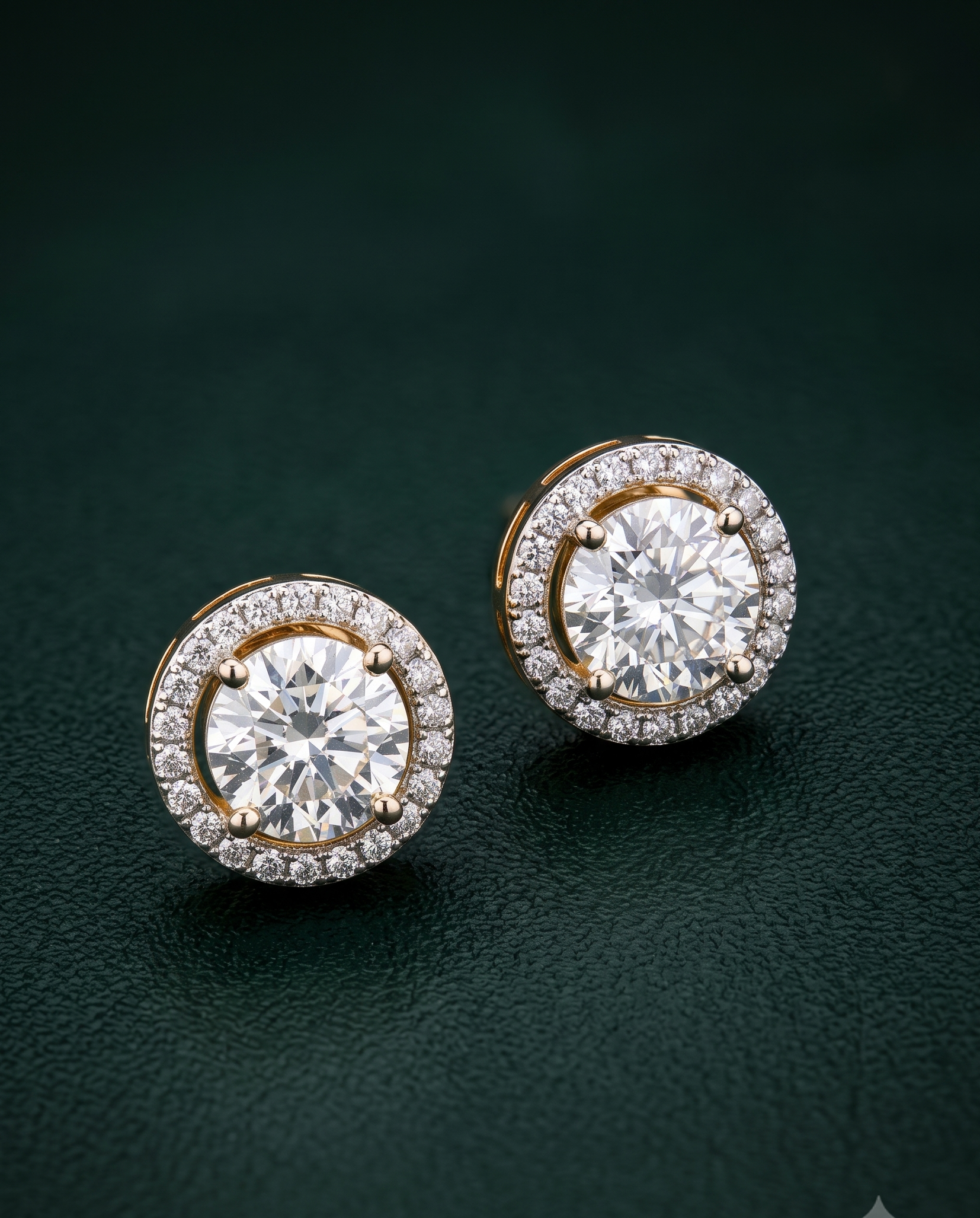 A pair of round halo stud earrings with large clear center stones and smaller surrounding stones in a yellow-gold setting, photographed on a dark green textured surface.