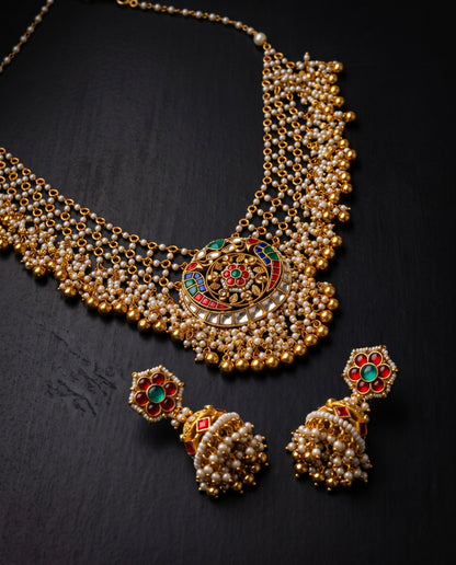 Golden Pachi Kundan Mesh Necklace Set