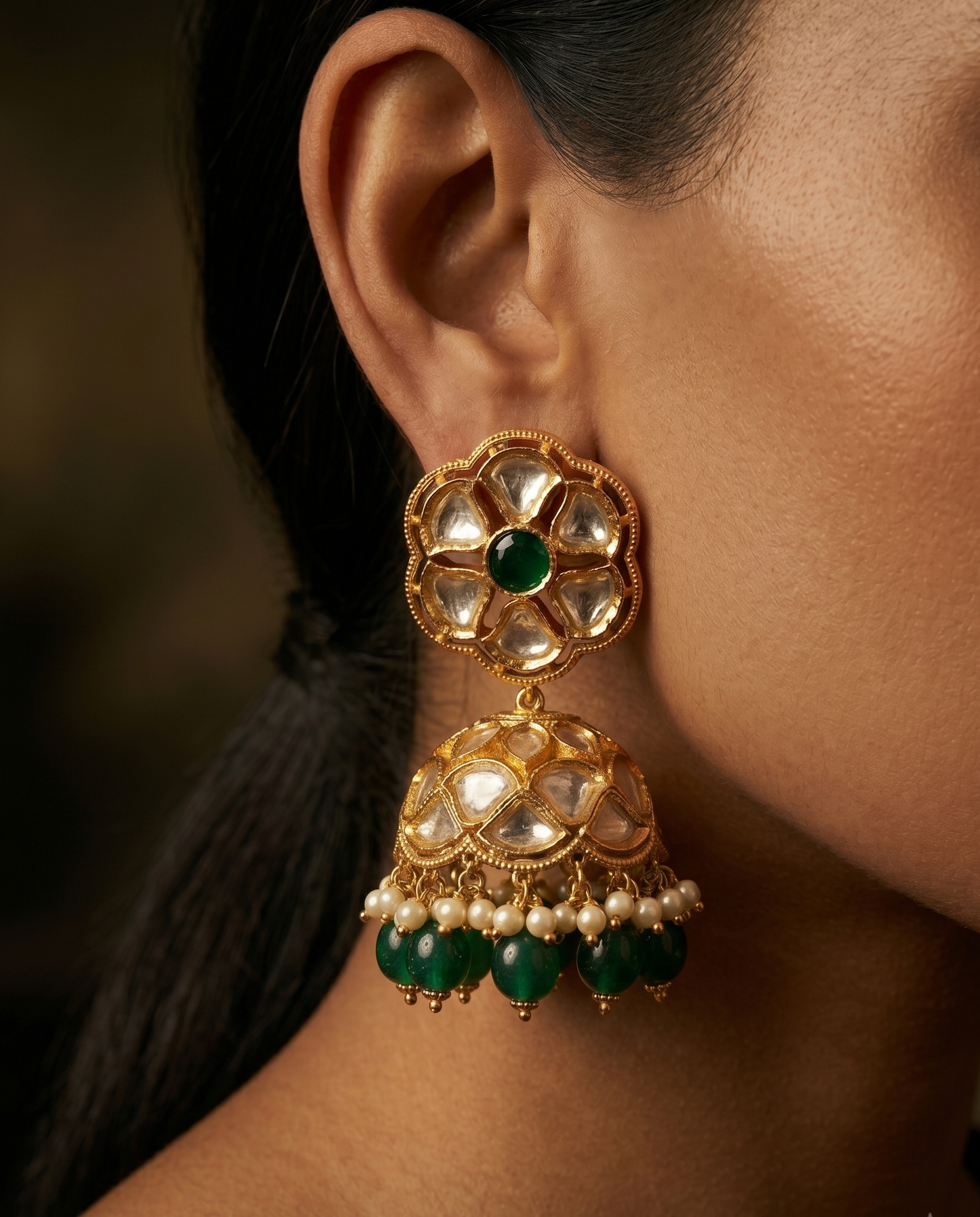 Emerald Noir Polki Jhumkas