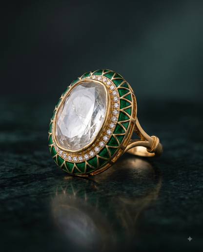Pure Silver Polki Green Ring