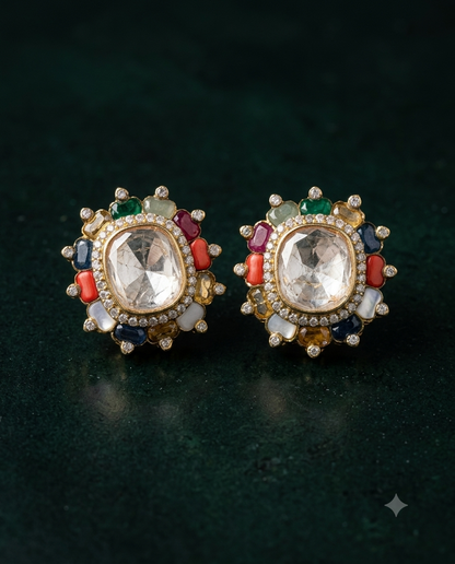92.5 Silver Moissanite Navratna Studs