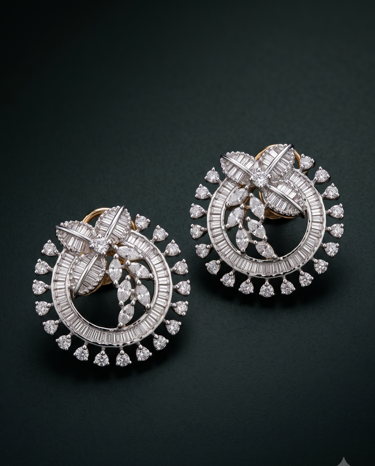A pair of ornate circular earrings with diamond-encrusted silver-toned metal and a small gold-toned accent, photographed on a dark green background.