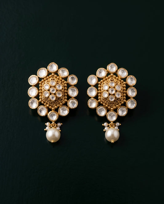 Pure Silver Golden Polki Studs
