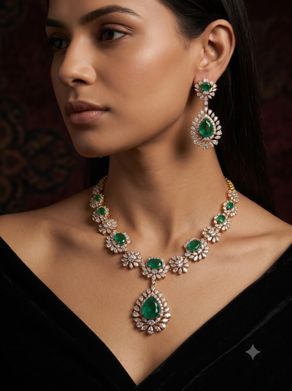 Pure Silver Emerald Regalia Necklace Set