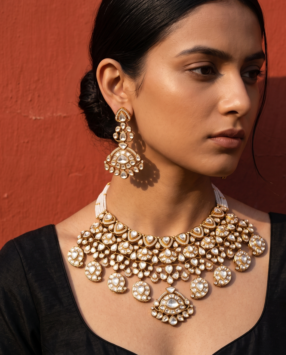 A woman wearing an ornate gold-toned Kundan necklace and matching drop earrings, photographed against a textured terracotta wall.