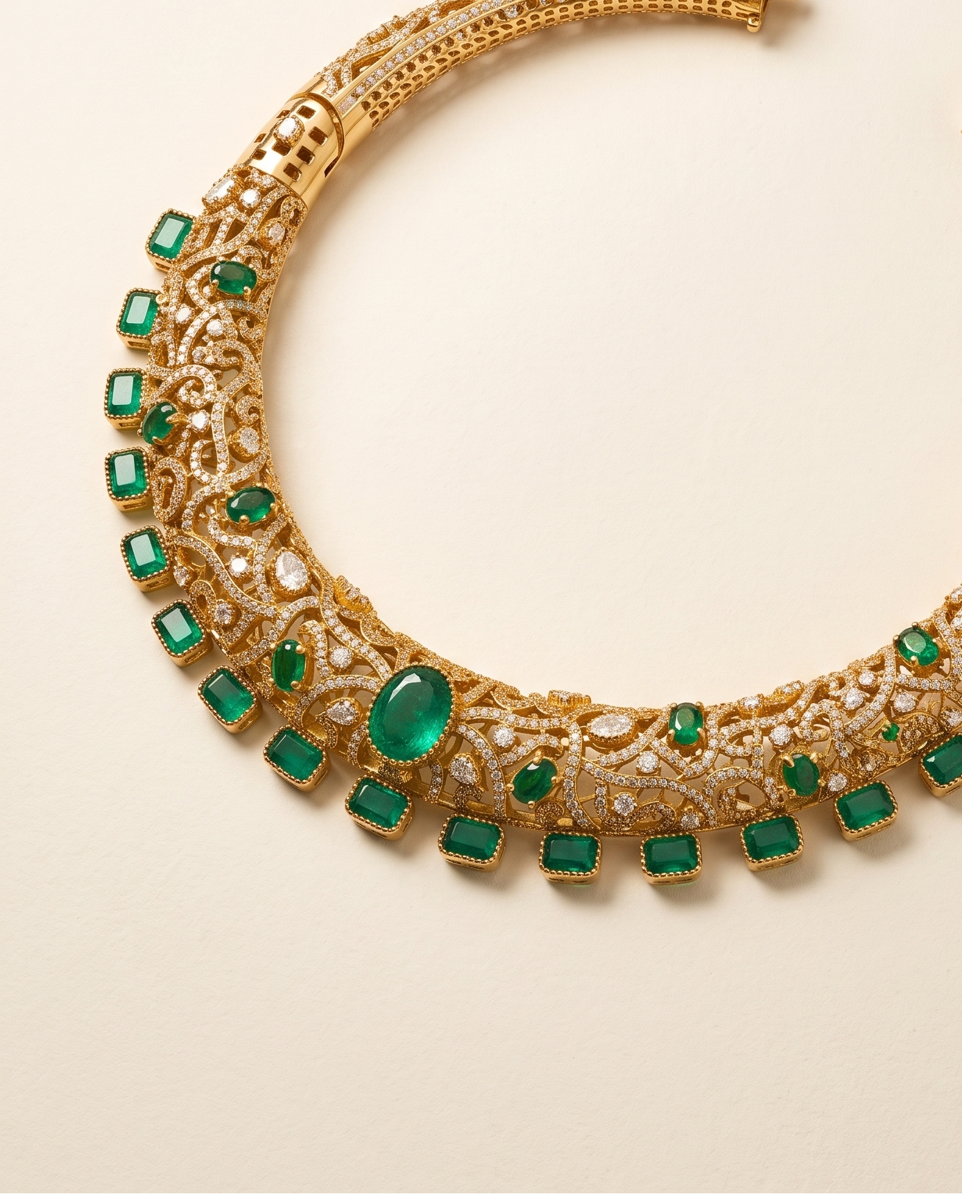 An ornate gold-toned choker necklace embellished with multiple emerald-cut green gemstones and clear stones, photographed on a clean, light beige background.