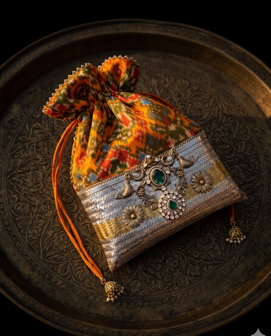 Pure Silver Orange Ikkat Potli