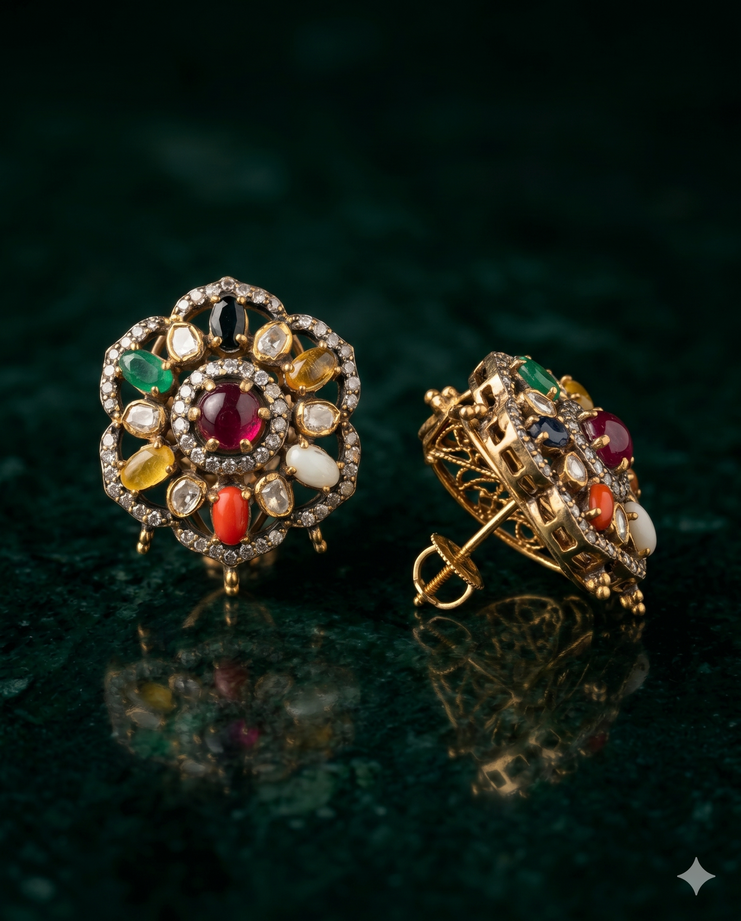 Pure Silver Moissanite Navratna Studs