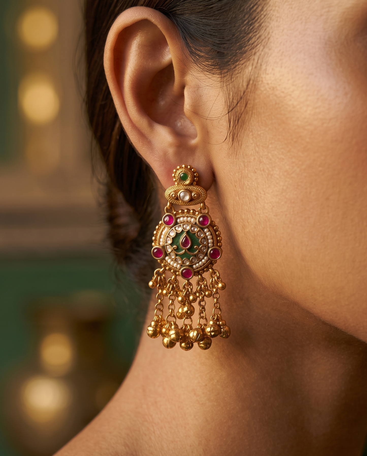 Golden Dual Emerald Earrings