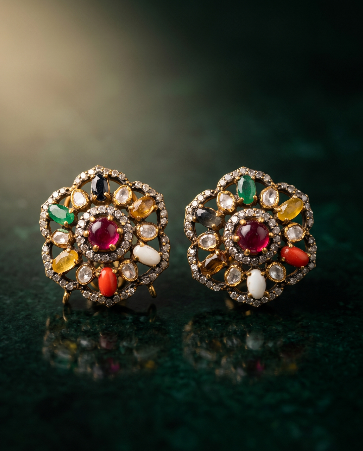 Pure Silver Moissanite Navratna Studs