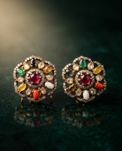 Pure Silver Moissanite Navratna Studs