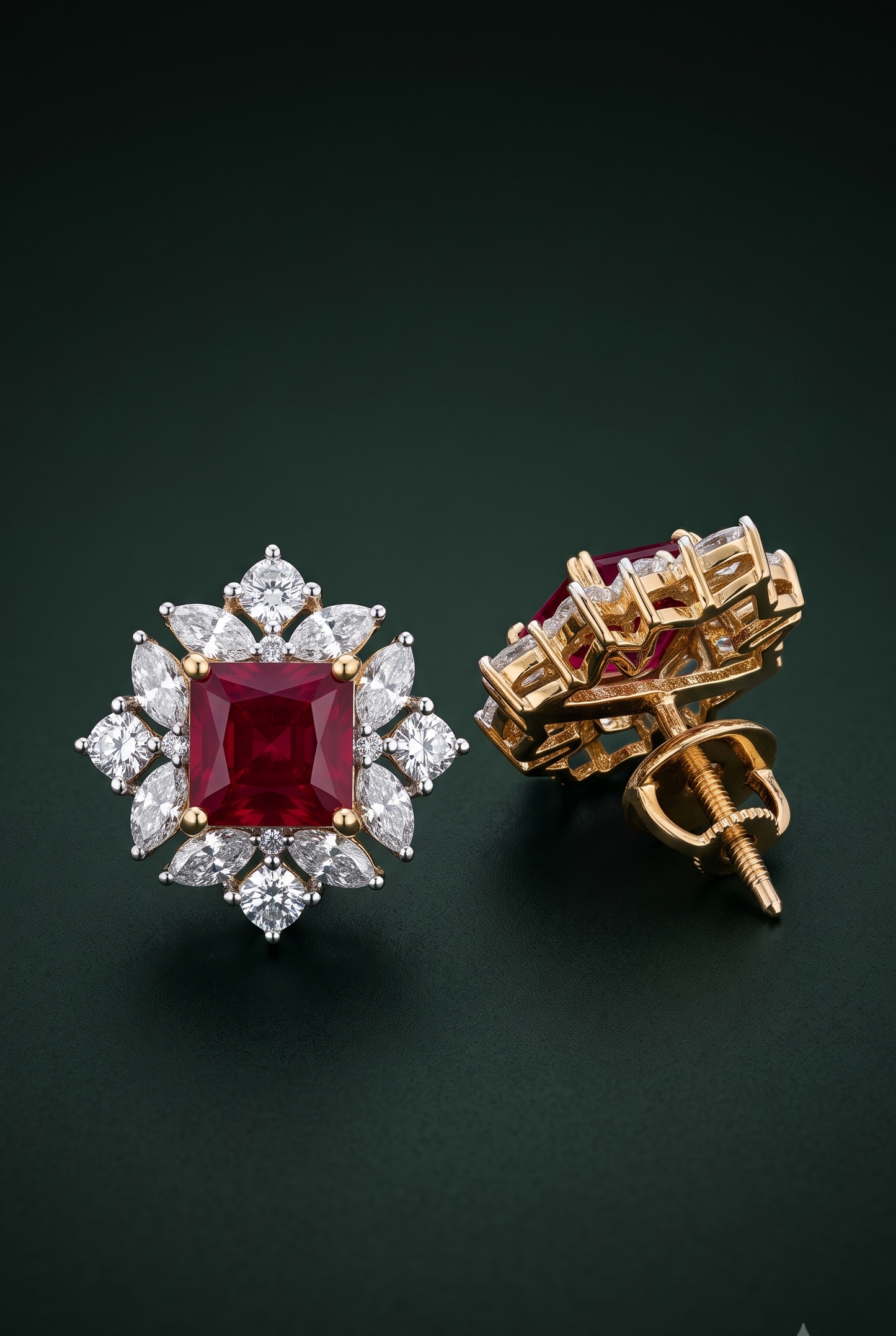 Pure Silver Ruby Floral Studs