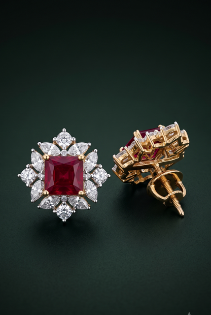 Pure Silver Ruby Floral Studs