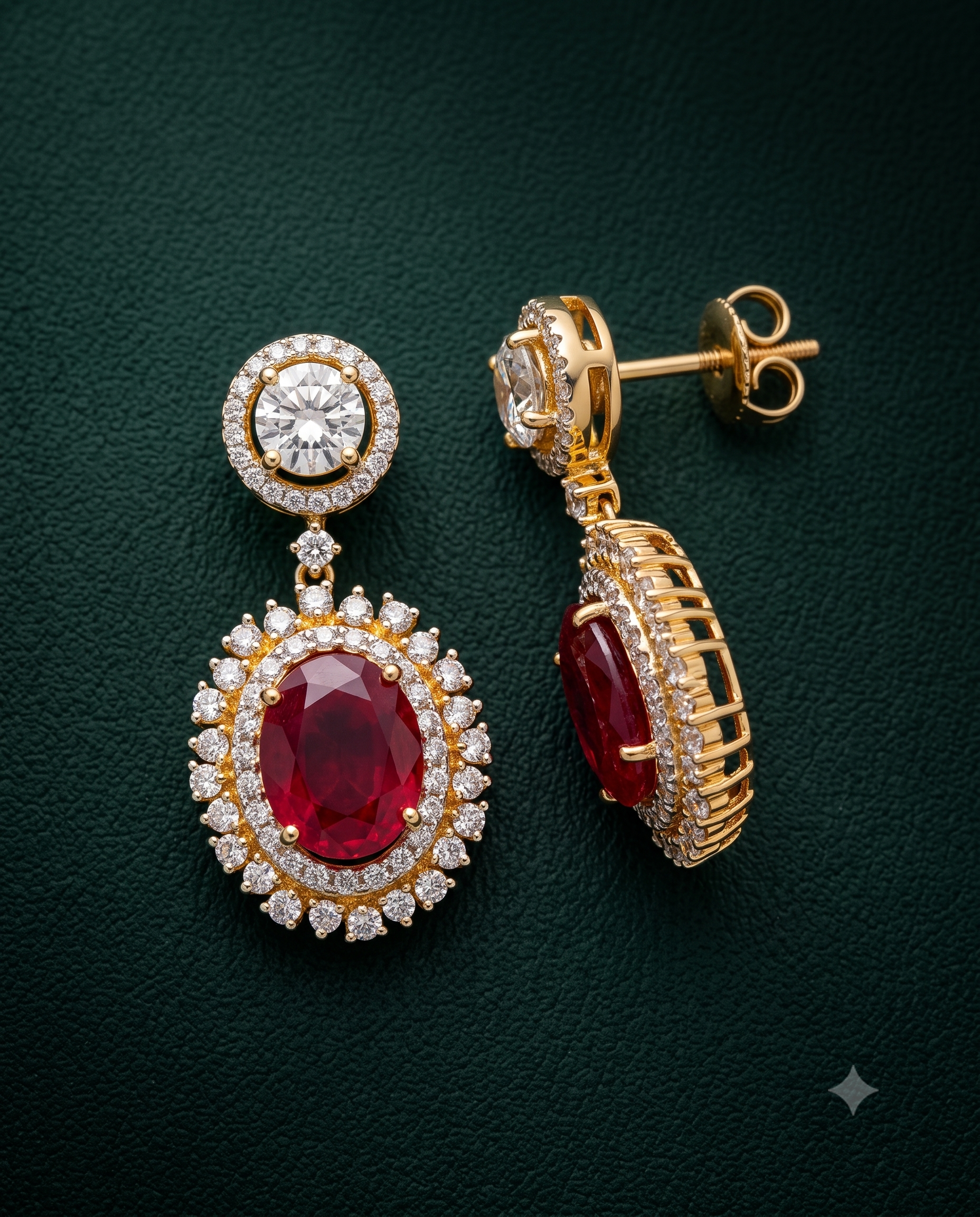 A pair of gold and diamond drop earrings with oval red gemstones, shown on a dark green textured background. One earring is facing forward to show the red oval stone surrounded by a halo of small diamonds, and the other is shown from the side/back to display the gold post and butterfly back.