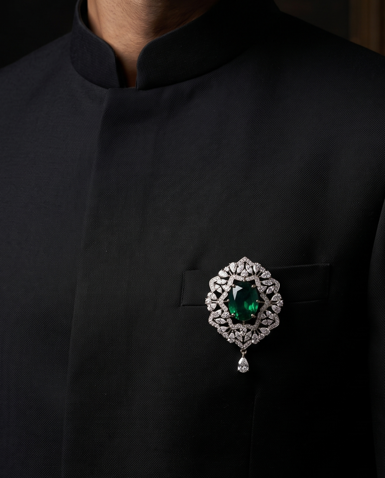 Pure Silver Emerald Insignia Brooch