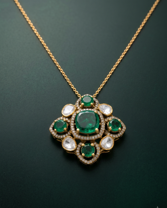 Pure Silver Emerald Polki Chain Pendant